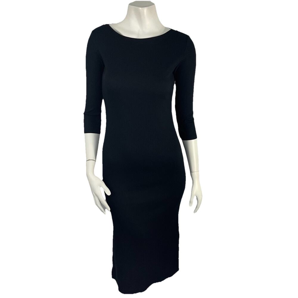 Uniqlo‎ XS Ribbed Rib Knit Midi Dress Grunge Minimalist Side Slits Black